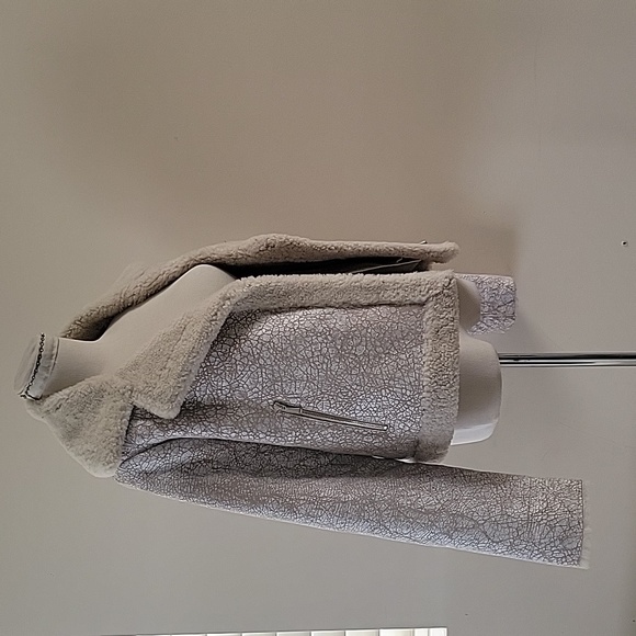 Vintage Y2K Genuine Shearling Leather Distressed Moto Biker Jacket Small Beige - Picture 4 of 10